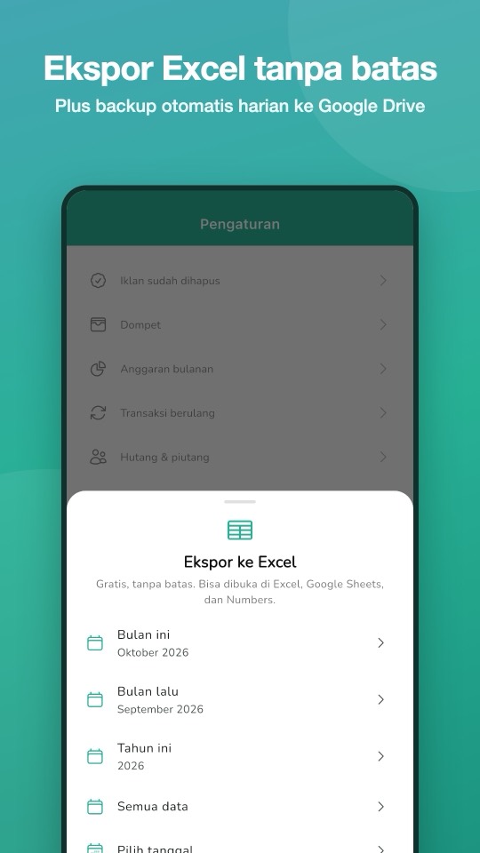 Menu ekspor ke Excel di aplikasi Artos dengan pilihan bulan ini, bulan lalu, tahun, dan rentang tanggal
