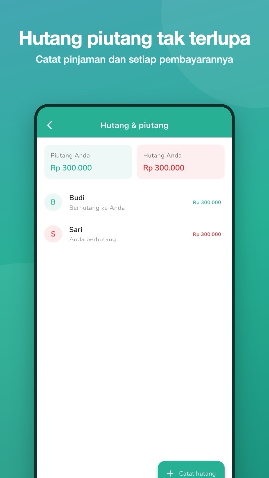 Layar Hutang & piutang di aplikasi Artos dengan total piutang dan hutang serta daftar orang