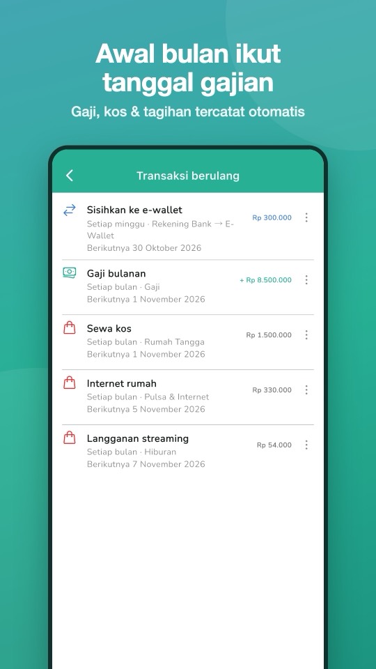 Daftar transaksi berulang di Artos: gaji bulanan, sewa kos, internet rumah, dan langganan